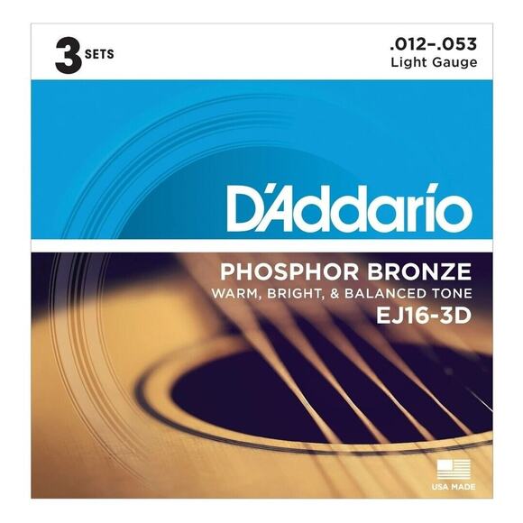 D'Addario EJ16-3D PhosphorBronze Acoustic Guitar Strings - 12-53, 3 Sets, Light - Picture 1 of 1